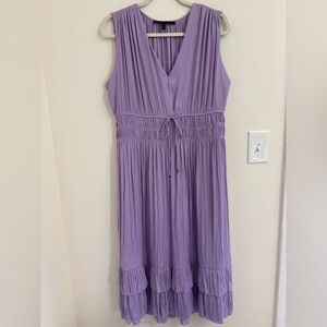 WHBM Lavender Pleated Midi Dress L Ruffle Smocked Easter delicate Feminine flowy